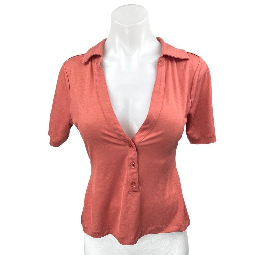 NEW L'Academie Orange Short Sleeve Henley Deep V Collared Polo Shirt Top Size S